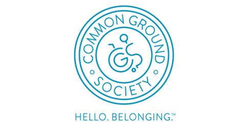 Common Ground Society Logo. Two blue circles with Common Ground Society along the inside. In the center is a C and a G turned into a wheelchair design.